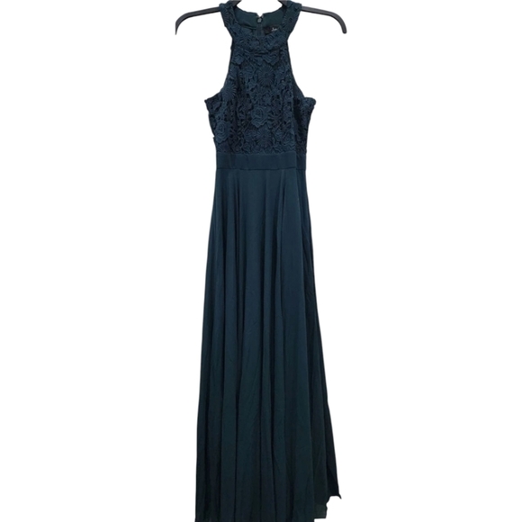 Lulu's Navy Blue Chiffon Lace Bodice Halter Gown NWT Sz L - Picture 5 of 14